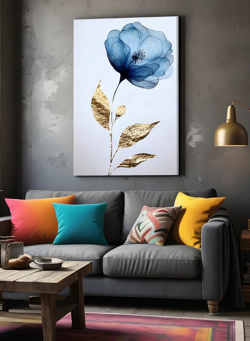 LOWHA Framed Canvas Wall Art Stretched Over Wooden Frame, Blue Flower Abstract Painting - Image 1