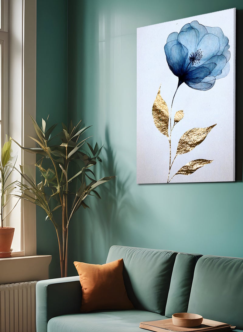 LOWHA Framed Canvas Wall Art Stretched Over Wooden Frame, Blue Flower Abstract Painting - Image 2
