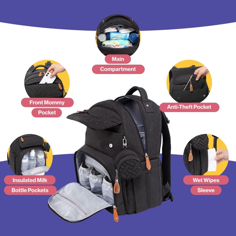 BabbleRoo Diaper Bag Backpack, Travel Backpack with Changing Pad, Pacifier Case & Stroller Straps, Multifunction, Waterproof, Unisex – Black - Image 3