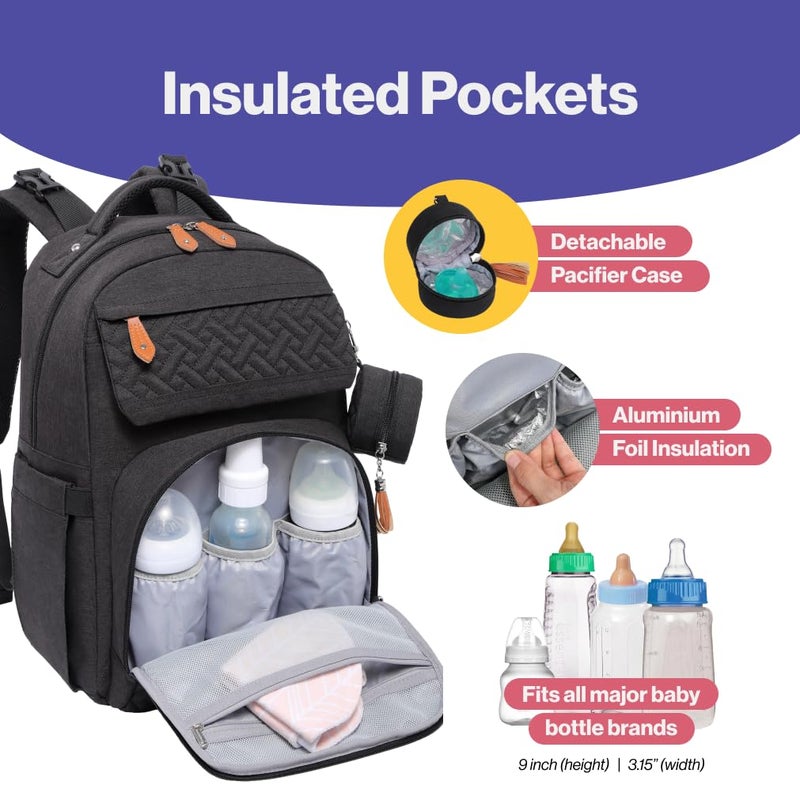 BabbleRoo Diaper Bag Backpack, Travel Backpack with Changing Pad, Pacifier Case & Stroller Straps, Multifunction, Waterproof, Unisex – Black - Image 4