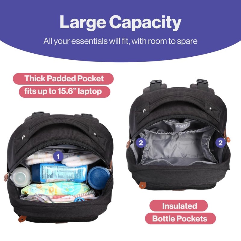 BabbleRoo Diaper Bag Backpack, Travel Backpack with Changing Pad, Pacifier Case & Stroller Straps, Multifunction, Waterproof, Unisex – Black - Image 5