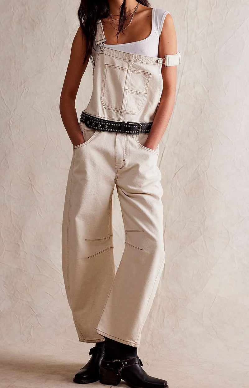 loveimgs Women Y2k Baggy Barrel Jeans Overalls Wide Leg Denim Pants Bib Overalls Jumpsuit Boyfriend Patchwork Jeans (X-Large,Off white) - Image 2