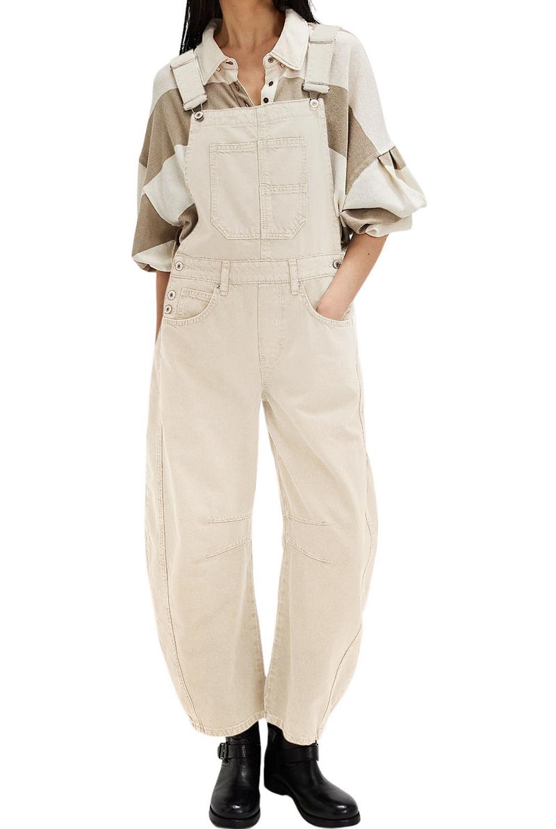 loveimgs Women Y2k Baggy Barrel Jeans Overalls Wide Leg Denim Pants Bib Overalls Jumpsuit Boyfriend Patchwork Jeans (X-Large,Off white) - Image 1