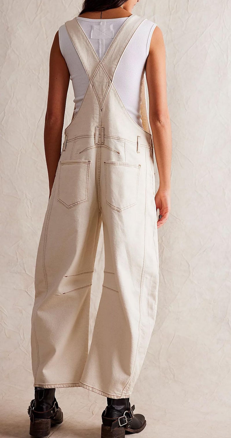loveimgs Women Y2k Baggy Barrel Jeans Overalls Wide Leg Denim Pants Bib Overalls Jumpsuit Boyfriend Patchwork Jeans (X-Large,Off white) - Image 5