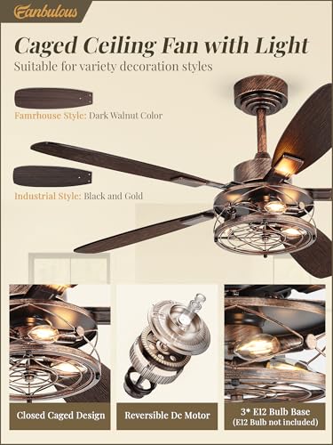 Fanbulous 52 Inch Farmhouse Ceiling Fan with Light and Remote, Black and Gold Industrial Caged Ceiling Fans with 6 Speed Reversible Motor and Dual Finish 5 Blades, Rustic Ceiling Fan for Living Room, Bedroom - Image 3