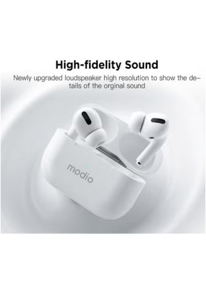 Modio ME8 True Wireless Stereo Earphones – Bluetooth 5.3 Earbuds with Deep Bass, Noise Isolation & Touch Control – Lightweight, Ergonomic Fit with Compact Charging Case – Auto Pairing & Long Battery Life – For Android, iOS, Tablets & More