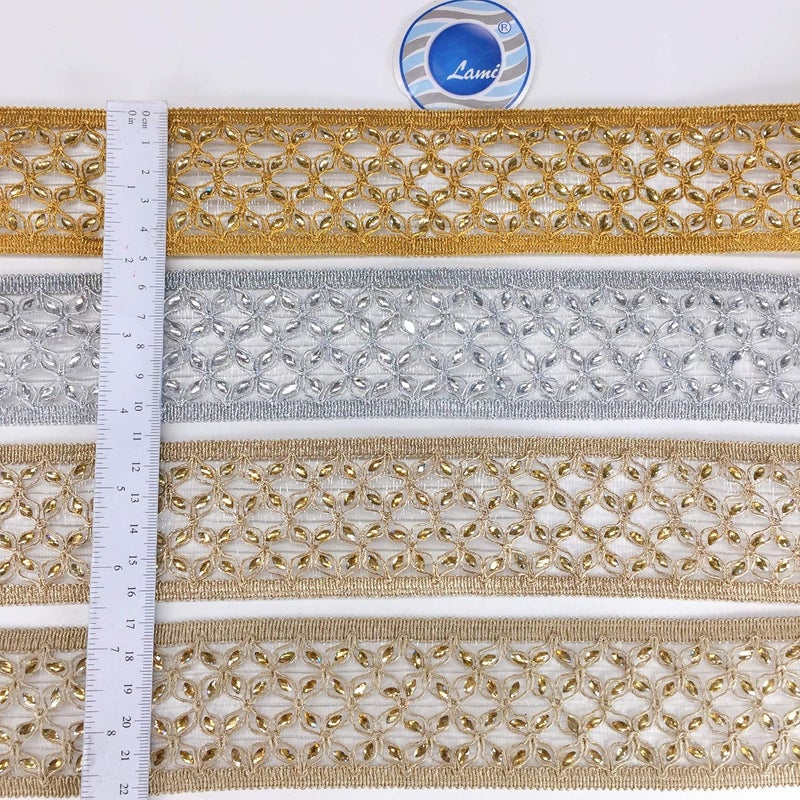 Lami لامي 9 متر كروشيه ذهبي كرواتيا دانتيل صيفي مع عمل يدوي لؤلؤ ماسي وزري/جاري ذهبي، شرائط زهور لتزيين المنزل، زينة هندية، تغليف احتفالي زخرفي - Image 4