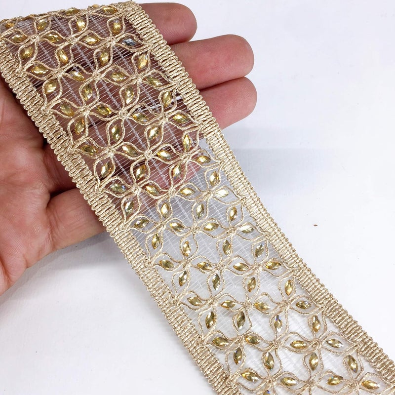 Lami لامي 9 متر كروشيه ذهبي كرواتيا دانتيل صيفي مع عمل يدوي لؤلؤ ماسي وزري/جاري ذهبي، شرائط زهور لتزيين المنزل، زينة هندية، تغليف احتفالي زخرفي - Image 5