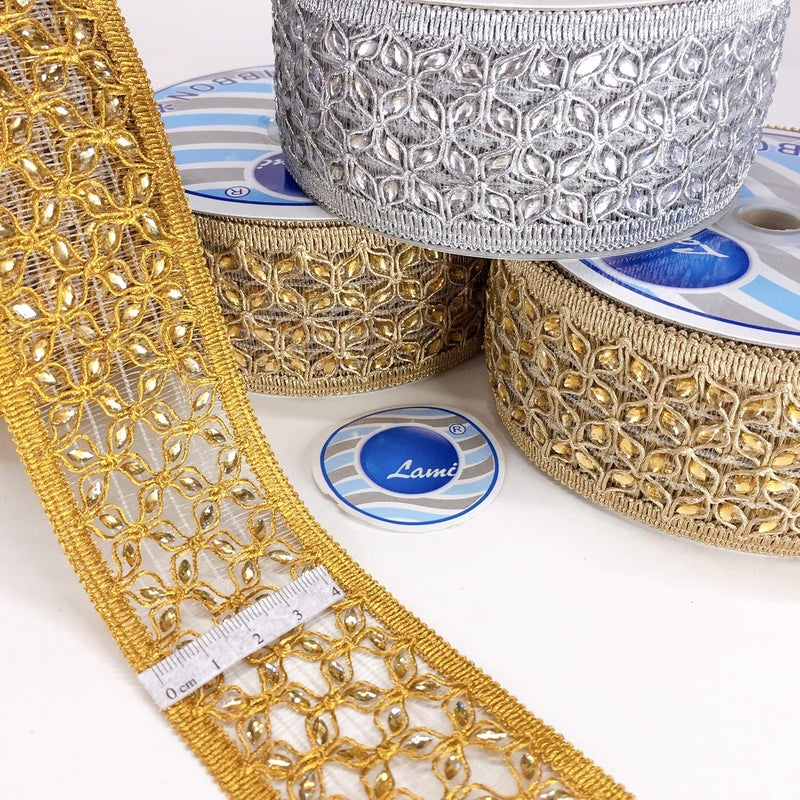 Lami لامي 9 متر كروشيه ذهبي كرواتيا دانتيل صيفي مع عمل يدوي لؤلؤ ماسي وزري/جاري ذهبي، شرائط زهور لتزيين المنزل، زينة هندية، تغليف احتفالي زخرفي - Image 2