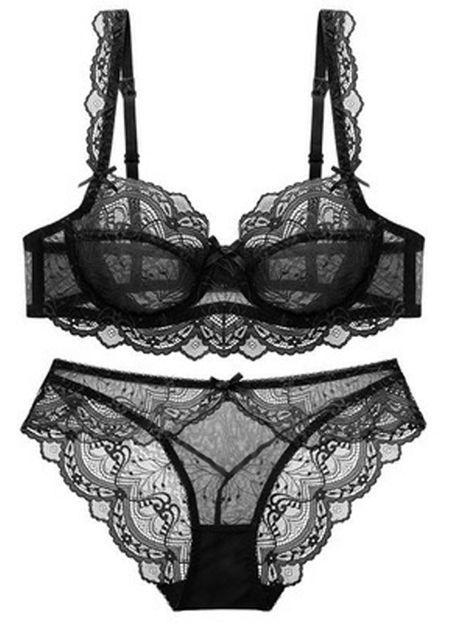 Loquat Solid Color 3/4 Cup Ultra Thin Cup Lace Bra Panty Set Black