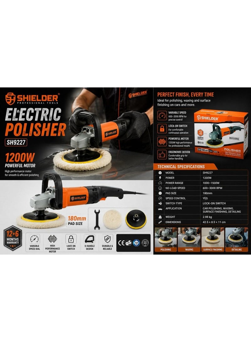 Shielder Electric Polisher Shielder SH-9227 1200W 180mm Variable Speed 600-3000RPM Professional Car Metal Polishing Machine With Ergonomic Handle - Image 1