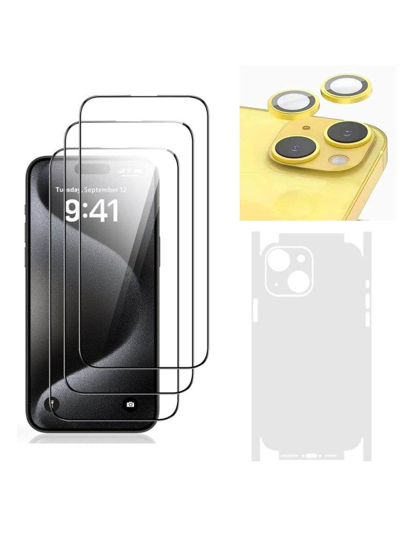 DIGI CORE iPhone 15 Screen Protector 3 Pack 6.1 Inch 2.5D Curved Edges With iPhone 15 Camera Lens Protector And Anti-Scratch iPhone 15 Back PVC Clear Sheet Set (Yellow, iPhone 15) - Image 1