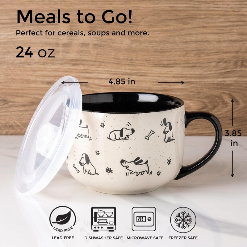 AmorArc 32 Ounces Ceramic Soup Mugs with Lids and Handle, Stoneware Bowls Cup Set of 2 for Soup, Stew, Noodle, Beautiful Mug Bowls With Lovely Dog,Cat Patterns, Microwave&Dishwasher Safe, Olive - Image 2