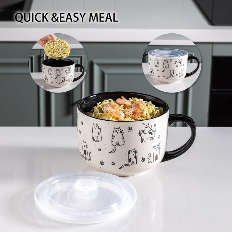 AmorArc 32 Ounces Ceramic Soup Mugs with Lids and Handle, Stoneware Bowls Cup Set of 2 for Soup, Stew, Noodle, Beautiful Mug Bowls With Lovely Dog,Cat Patterns, Microwave&Dishwasher Safe, Olive - Image 4