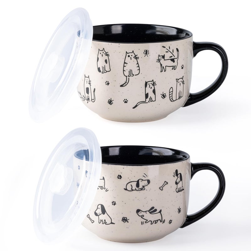 AmorArc 32 Ounces Ceramic Soup Mugs with Lids and Handle, Stoneware Bowls Cup Set of 2 for Soup, Stew, Noodle, Beautiful Mug Bowls With Lovely Dog,Cat Patterns, Microwave&Dishwasher Safe, Olive - Image 1