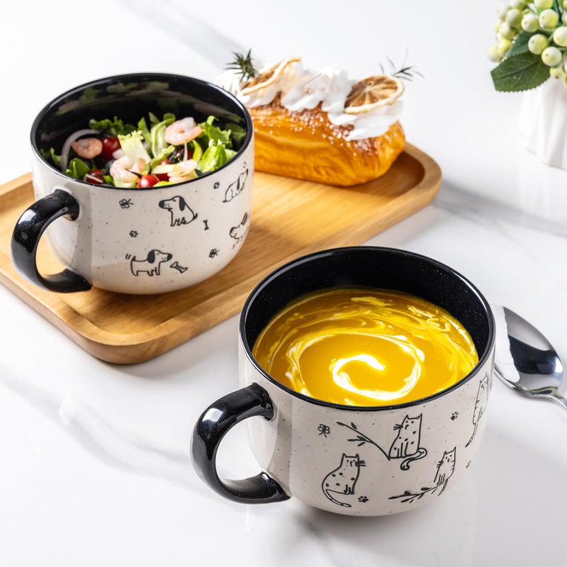 AmorArc 32 Ounces Ceramic Soup Mugs with Lids and Handle, Stoneware Bowls Cup Set of 2 for Soup, Stew, Noodle, Beautiful Mug Bowls With Lovely Dog,Cat Patterns, Microwave&Dishwasher Safe, Olive - Image 3