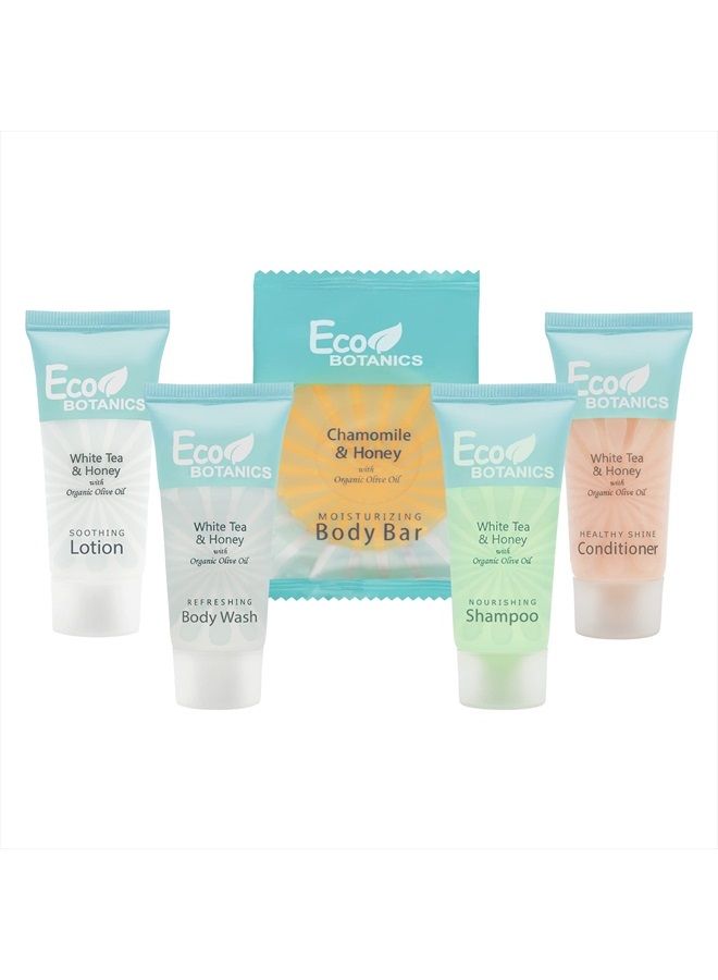 Terra Pure Eco Botanics Hotel Soaps and Toiletries Bulk Set | 1-Shoppe All-In-Kit Amenities for Hotels | 0.85oz Hotel Shampoo & Conditioner, Body Wash, Body Lotion & 0.89oz Bar Soap Travel Size | 150 Pieces - Image 1
