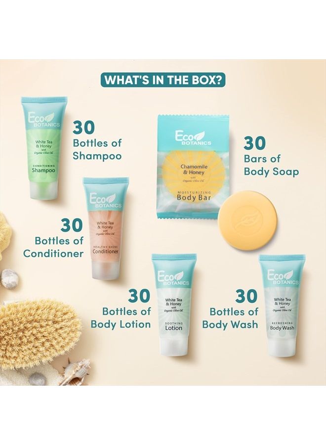 Terra Pure Eco Botanics Hotel Soaps and Toiletries Bulk Set | 1-Shoppe All-In-Kit Amenities for Hotels | 0.85oz Hotel Shampoo & Conditioner, Body Wash, Body Lotion & 0.89oz Bar Soap Travel Size | 150 Pieces - Image 3