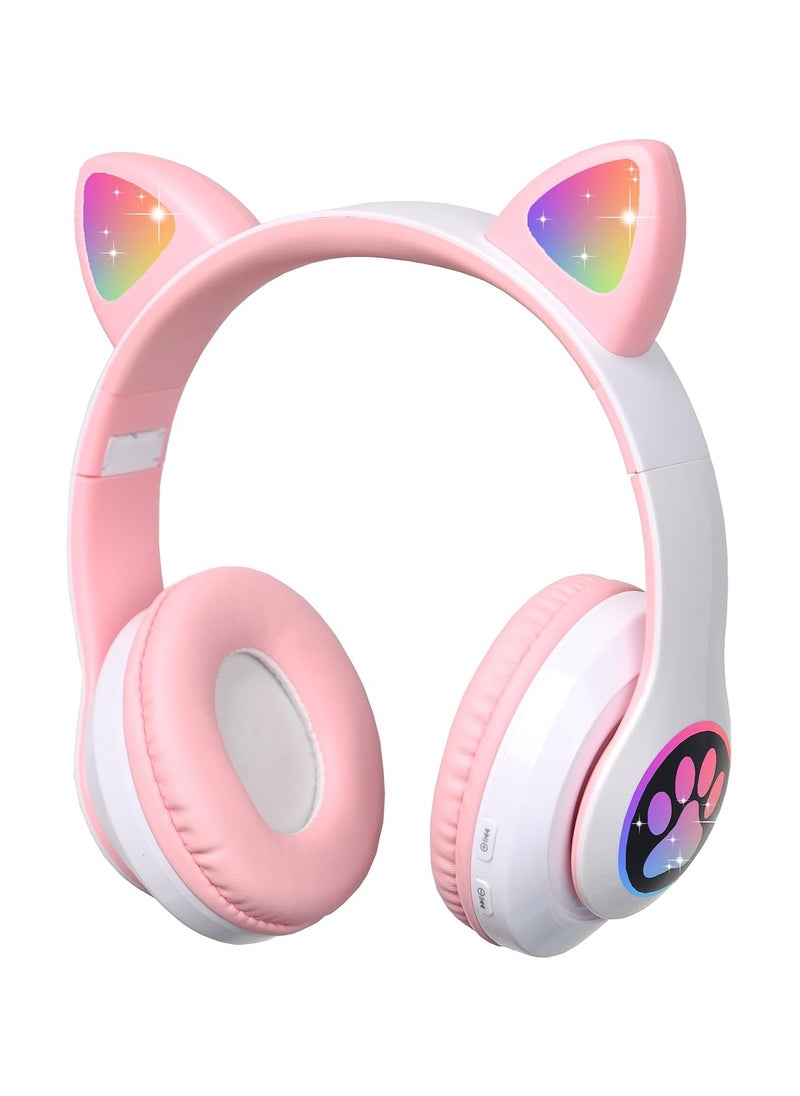 SHOPI - Headphone Cat Ear Stereo Folding Card Music Game Headset White/Pink - Image 1