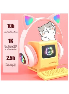 Headphone Cat Ear Stereo Folding Card Music Game Headset White/Pink