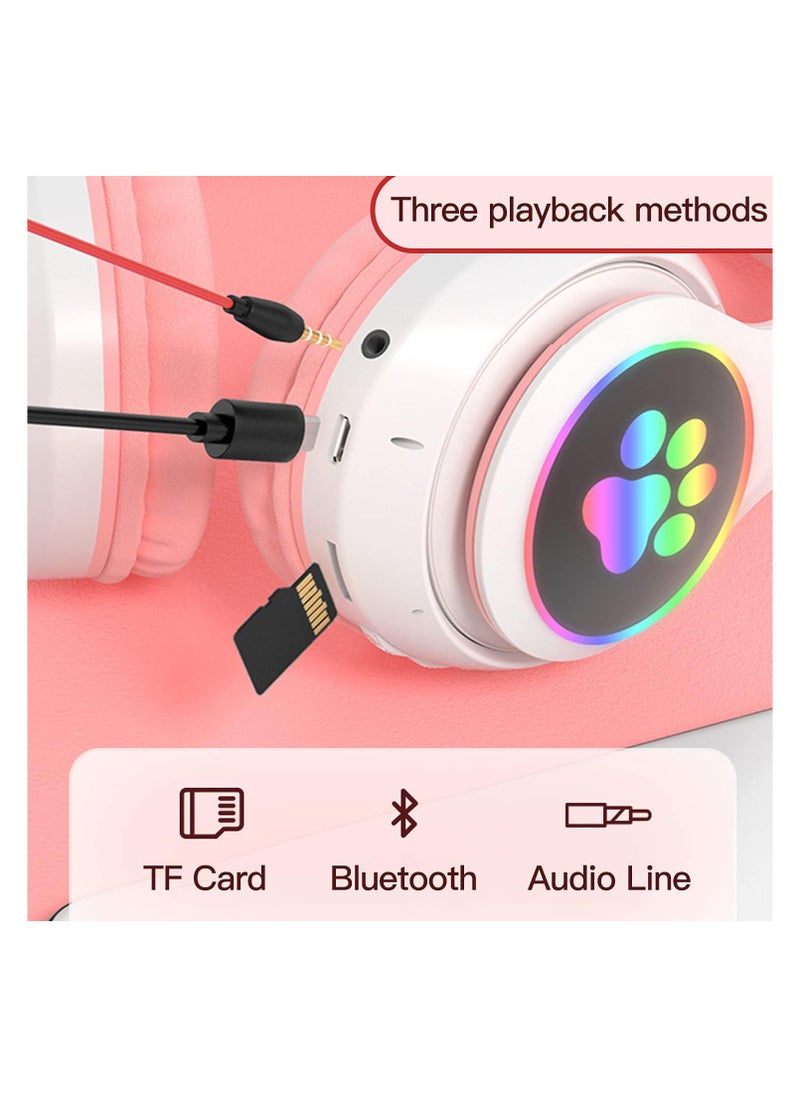 SHOPI - Headphone Cat Ear Stereo Folding Card Music Game Headset White/Pink - Image 1