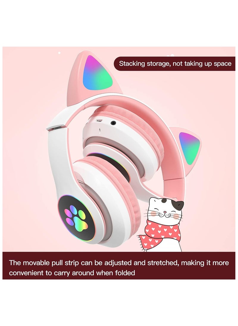 SHOPI - Headphone Cat Ear Stereo Folding Card Music Game Headset White/Pink - Image 1