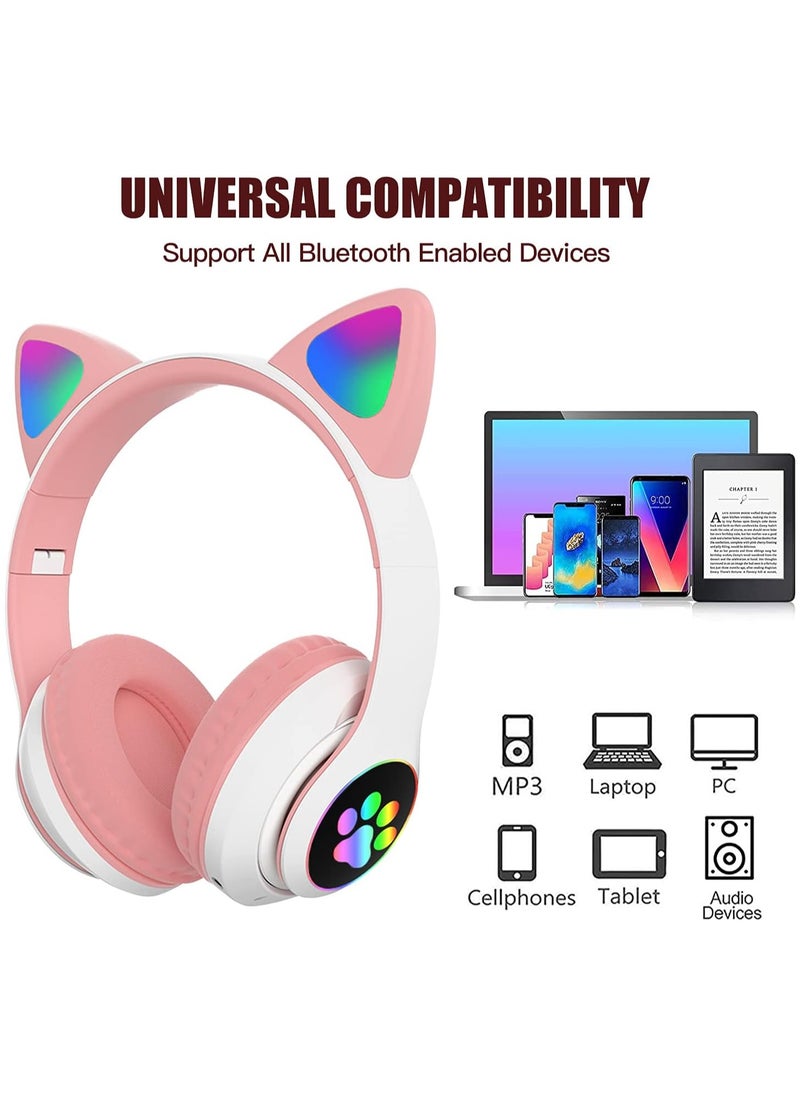 SHOPI - Headphone Cat Ear Stereo Folding Card Music Game Headset White/Pink - Image 1