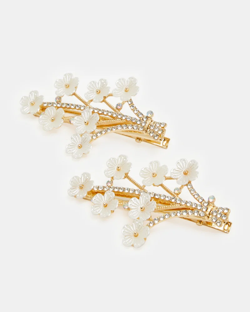 REDTAG Girls Gold And White Embellished Hair Clip Set (Pack of 2)