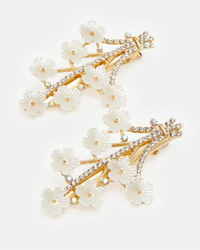 REDTAG Girls Gold And White Embellished Hair Clip Set (Pack of 2)