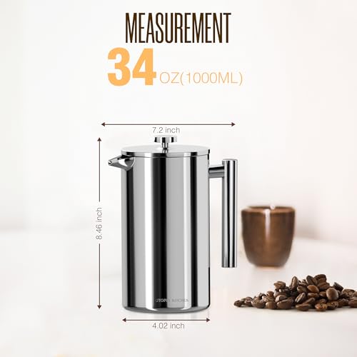 Utopia Kitchen 304 Grade Stainless Steel French Press Coffee Maker 34 oz, Double Wall Insulated Coffee Press with 4-Level Filtration system, Include 2 Extra Filters, Rust-Free, Dishwasher Safe, Silver - Image 2