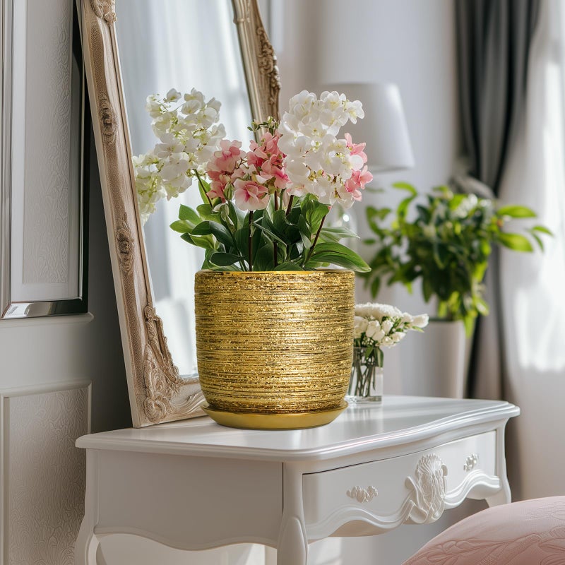 SUNPOTFOR 8 Inch Plant Pot - Ceramic Planter with Drainage Hole and Saucer, Modern Round Planter for Indoor Flowers, Gifts for Plant Lovers, Home House Office Room Decor, Gold - Image 5