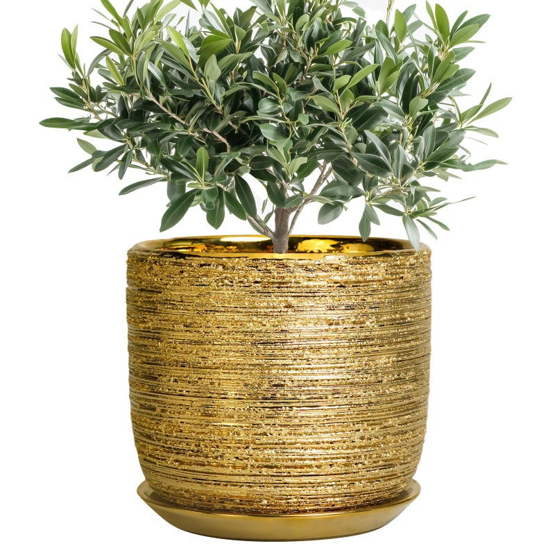 SUNPOTFOR 8 Inch Plant Pot - Ceramic Planter with Drainage Hole and Saucer, Modern Round Planter for Indoor Flowers, Gifts for Plant Lovers, Home House Office Room Decor, Gold - Image 1