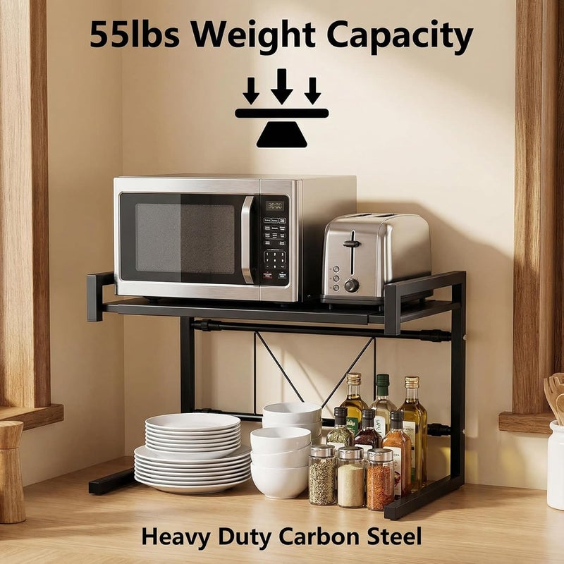Pusdon Adjustable Carbon Steel Microwave Oven Rack, 2-Tier with 3 Hooks, 55lbs Weight Capacity, Black - Image 2