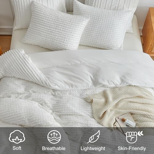 WARMDERN Boho Duvet Cover Set King Size,White Striped Duvet Cover Microfiber Bedding Set,3PCS Ultra Soft Breathable Lightweight Tuft Texture Pattern Duvet Covers with Zipper Closure(White,King) - Image 3