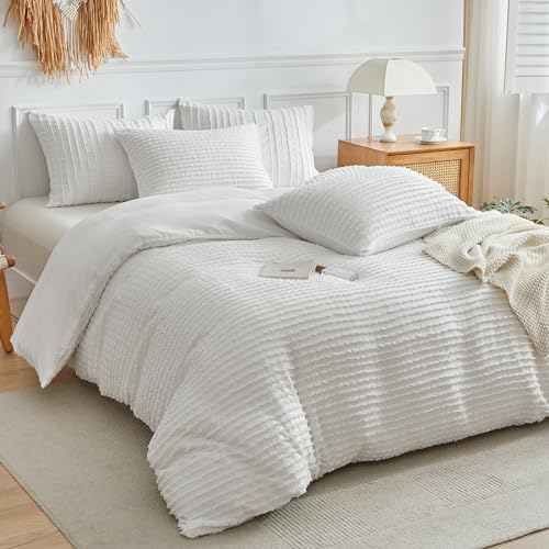 WARMDERN Boho Duvet Cover Set King Size,White Striped Duvet Cover Microfiber Bedding Set,3PCS Ultra Soft Breathable Lightweight Tuft Texture Pattern Duvet Covers with Zipper Closure(White,King) - Image 2