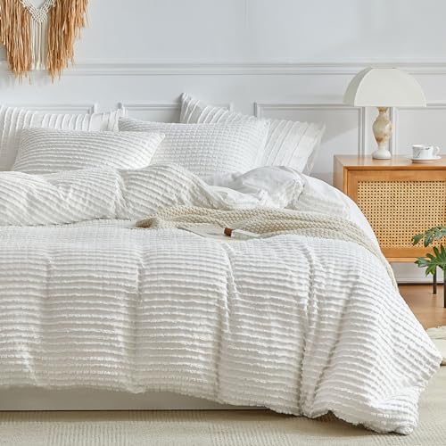 WARMDERN Boho Duvet Cover Set King Size,White Striped Duvet Cover Microfiber Bedding Set,3PCS Ultra Soft Breathable Lightweight Tuft Texture Pattern Duvet Covers with Zipper Closure(White,King) - Image 1