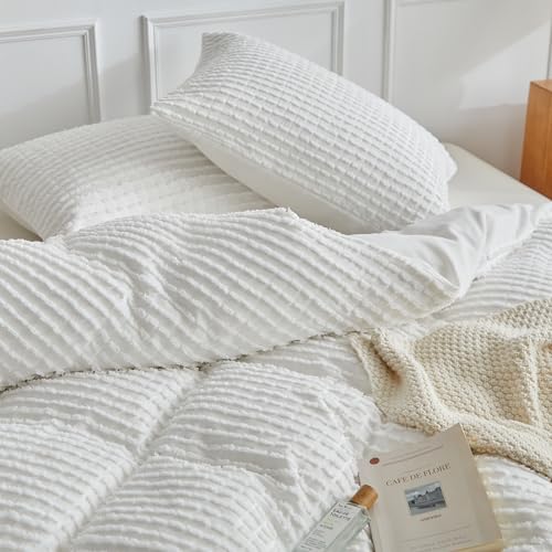 WARMDERN Boho Duvet Cover Set King Size,White Striped Duvet Cover Microfiber Bedding Set,3PCS Ultra Soft Breathable Lightweight Tuft Texture Pattern Duvet Covers with Zipper Closure(White,King) - Image 5