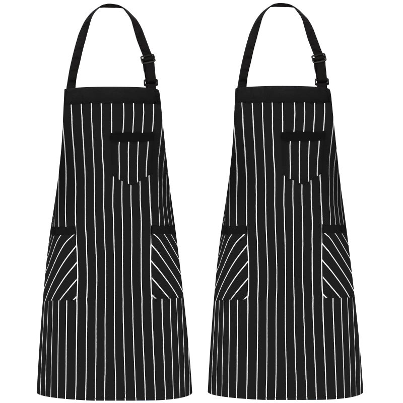NLUS 2 Pack Cooking Aprons for Women with Pockets Adjustable Kitchen Bib Aprons for Women Men Chef BlackWhite Stripe BlackWhite Stripes