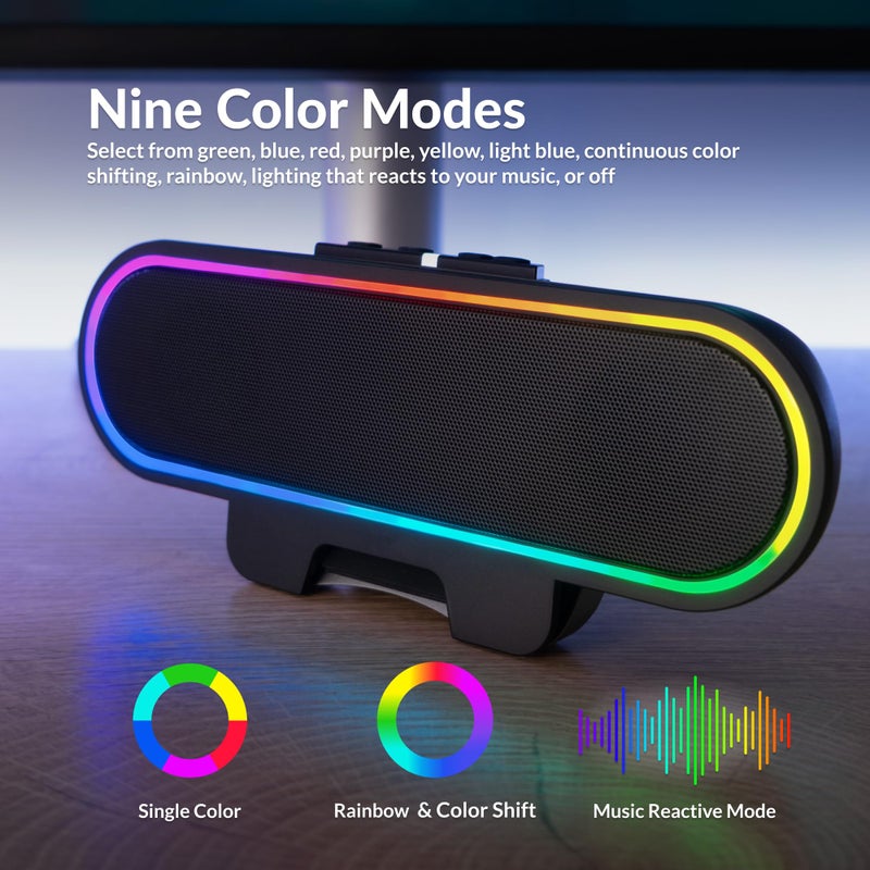 Cyber Acoustics شريط مكبر صوت USB من سايبر أكوستيكس مع أضواء LED (CA-2890GX) - شريط مكبر صوت يعمل بالطاقة من USB لجهاز الكمبيوتر وMac، أضواء LED ديناميكية تتزامن مع الموسيقى، تثبت على الشاشات حتى 1.5 بوصة، رائع للموسيقى والألعاب - Image 5
