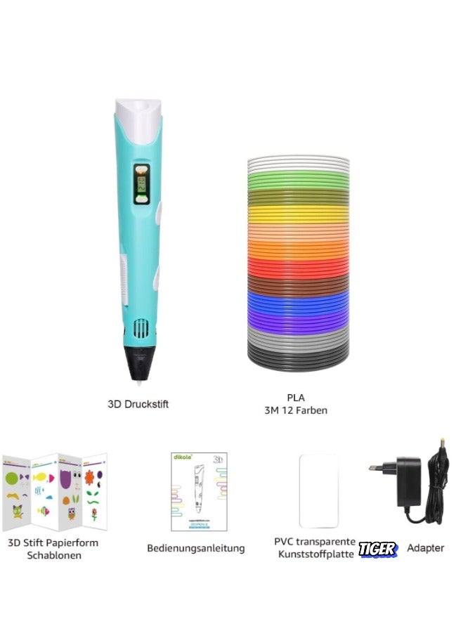 TIGER 3D Printer Pen Set for Children and Adults – 3D Printing Pen with 12 Colours of 1.75mm PLA Filament, 3 Metres per Colour, 250 Stencils eBook (Blue) – Perfect Gift for Creative Minds - Image 2