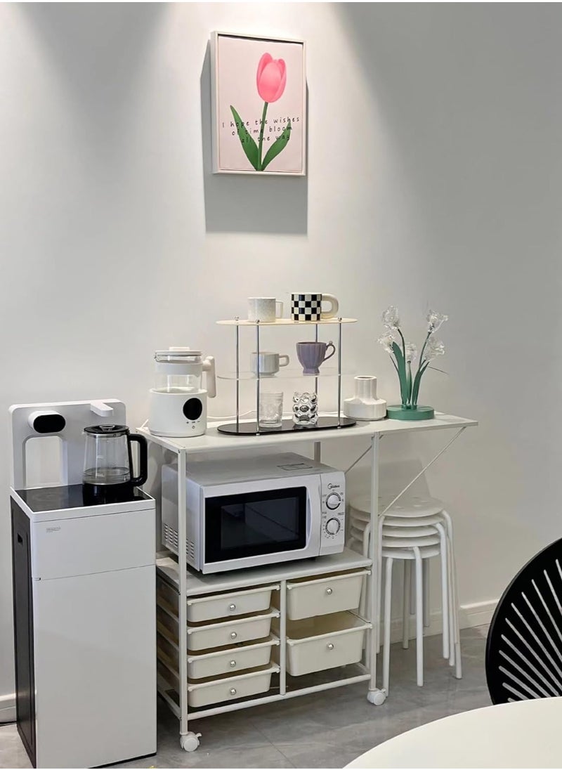 kitchen removable multilayer storage rack, living room multifunctional storage cart with storage room, storage rack with foldable extension table top, white