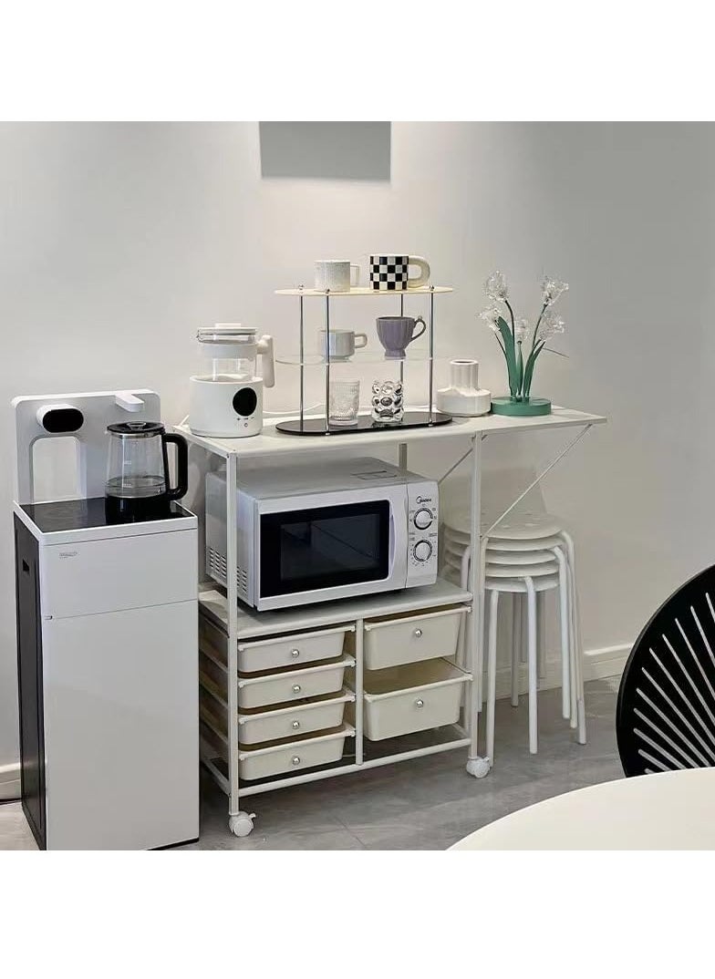 kitchen removable multilayer storage rack, living room multifunctional storage cart with storage room, storage rack with foldable extension table top, white