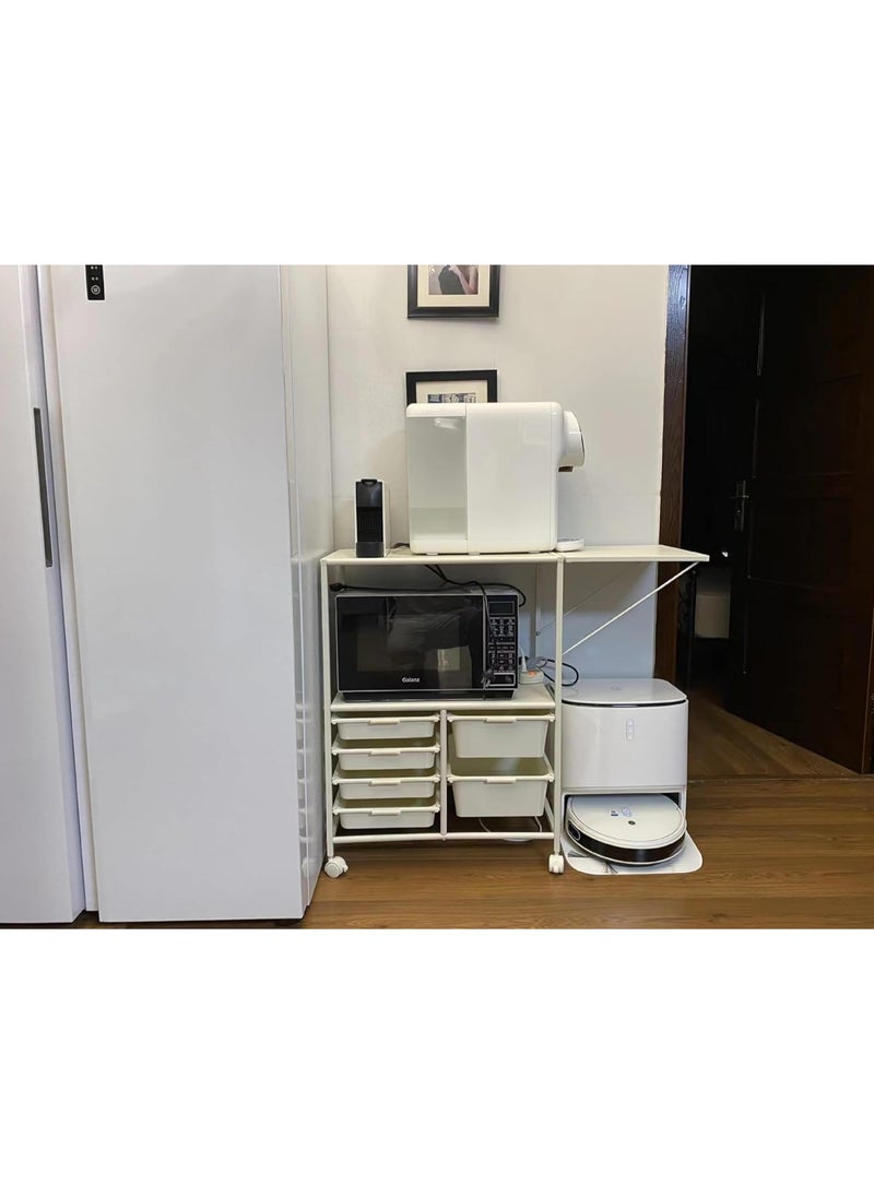 kitchen removable multilayer storage rack, living room multifunctional storage cart with storage room, storage rack with foldable extension table top, white