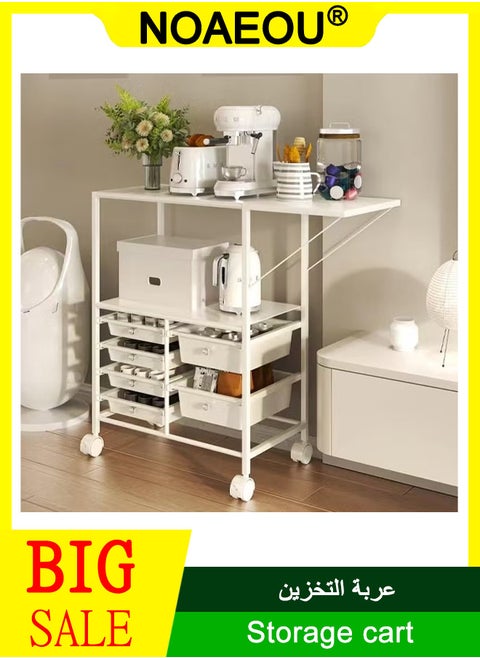 kitchen removable multilayer storage rack, living room multifunctional storage cart with storage room, storage rack with foldable extension table top, white