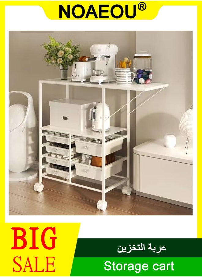 kitchen removable multilayer storage rack, living room multifunctional storage cart with storage room, storage rack with foldable extension table top, white