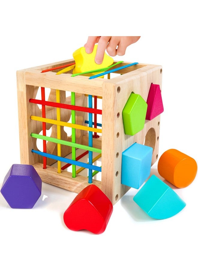 HELLOWOOD Montessori Toys for 1+ Year Old, Wooden Sorter Cube with 8pcs Rattling Shapes, Developmental Learning Toy Gifts for Baby Toddler Boys Girls, Gift Packaging - Image 1
