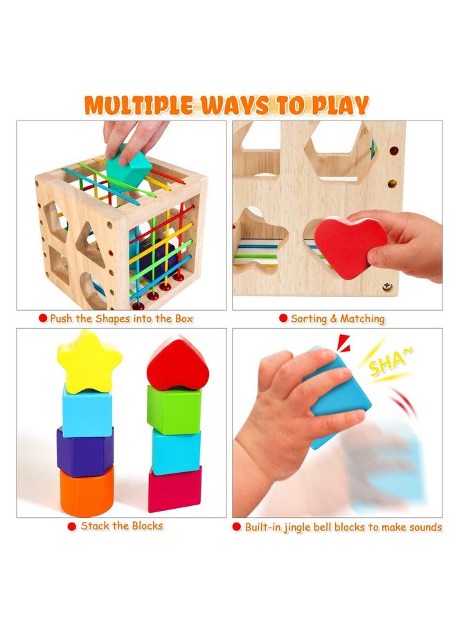 HELLOWOOD Montessori Toys for 1+ Year Old, Wooden Sorter Cube with 8pcs Rattling Shapes, Developmental Learning Toy Gifts for Baby Toddler Boys Girls, Gift Packaging - Image 3