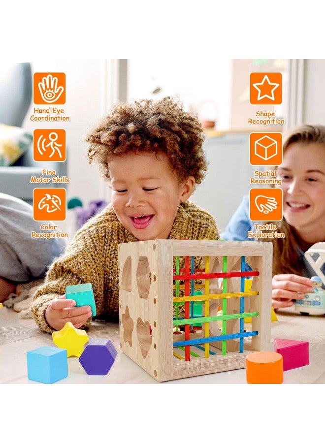 HELLOWOOD Montessori Toys for 1+ Year Old, Wooden Sorter Cube with 8pcs Rattling Shapes, Developmental Learning Toy Gifts for Baby Toddler Boys Girls, Gift Packaging - Image 5