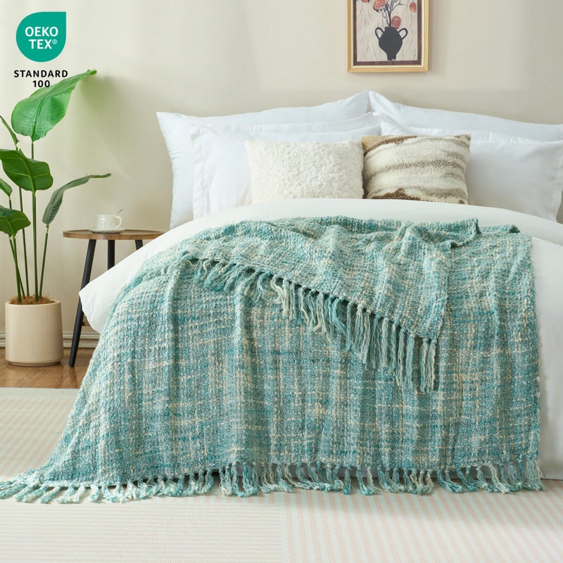 GINAMUSE Multi-Color Turquoise Cable Woven Throw Blanket for Couch,50"X60" Boho Style Textured Blankets for Home Decor,Super Soft Warm Cozy Chunky Blanket with Decorative Tassels for Bed - Image 2