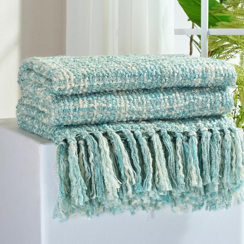 GINAMUSE Multi-Color Turquoise Cable Woven Throw Blanket for Couch,50"X60" Boho Style Textured Blankets for Home Decor,Super Soft Warm Cozy Chunky Blanket with Decorative Tassels for Bed - Image 1